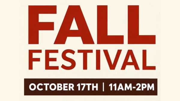 Fall Festival graphic with bold red text announcing “Fall Festival” and event details: October 17th, 11 a.m. to 2 p.m. on a light background.