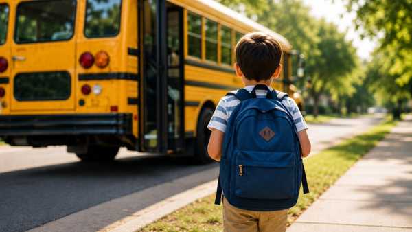 Student wearing a blue backpack stands on a sidewalk beside a yellow school bus with its door open on a tree-lined residential street, highlighting school transportation safety.