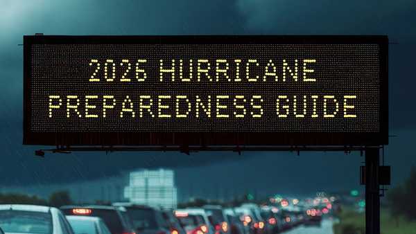 Overhead Texas digital road sign with vehicles on evacuation route that says 2026 HURRICANE PREPAREDNESS GUIDE
